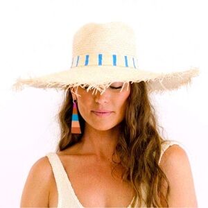 NWOT SUNSHINE TIENDA SUSANA WIDE BRIMMED PALM FRINGE HAT XS/S
